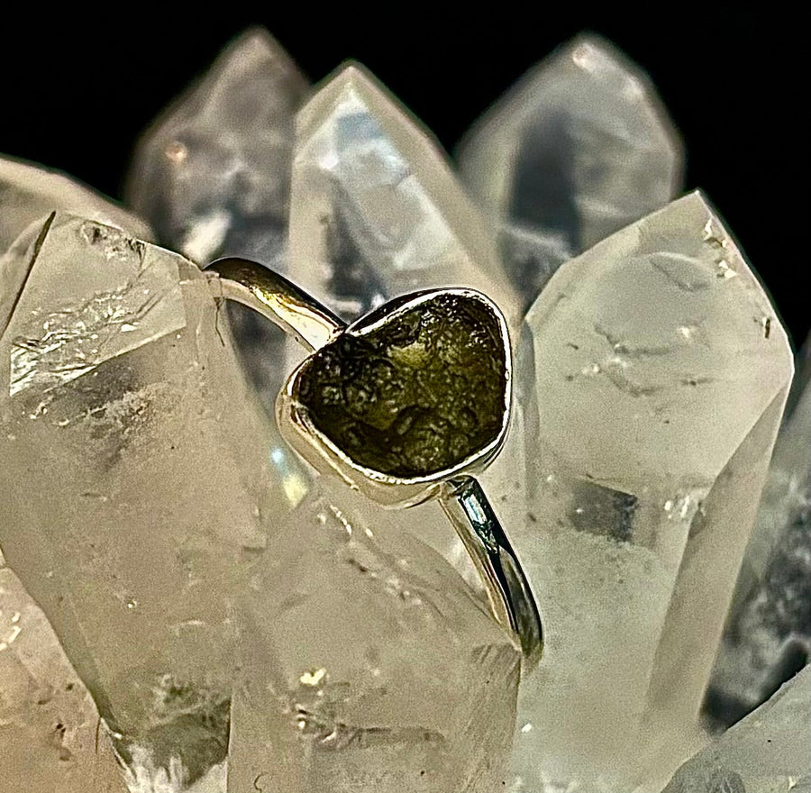 Cosmic Transformation: Raw Moldavite Ring in .925 Sterling Silver