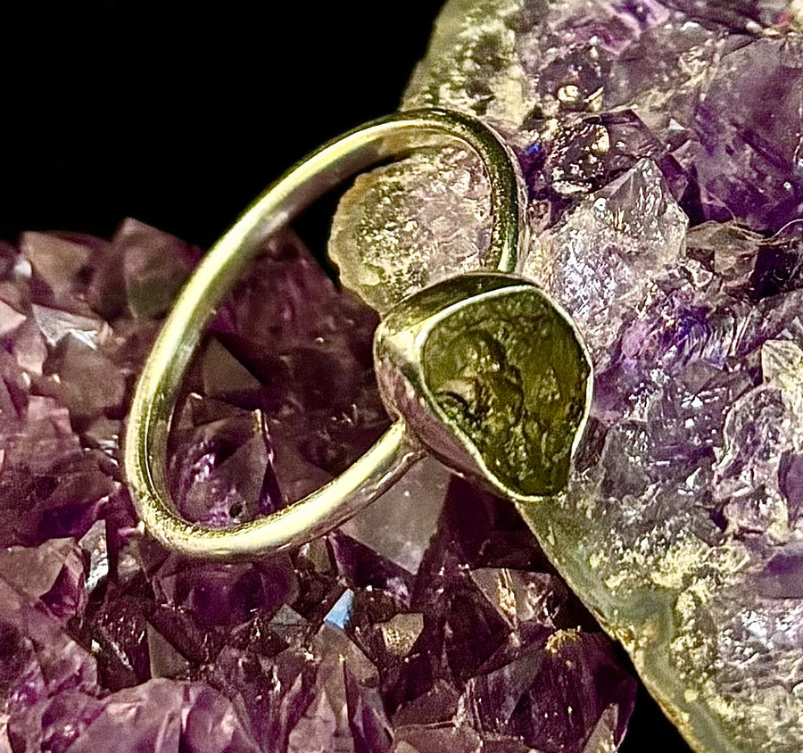 Cosmic Transformation: Raw Moldavite Ring in .925 Sterling Silver