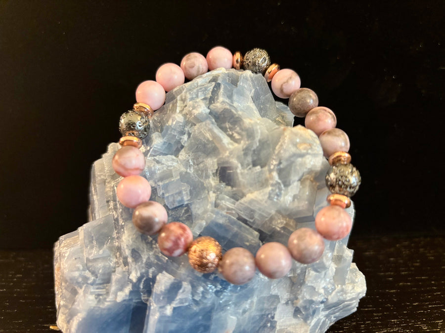 Pink Zebra Jasper & Rose Gold Toned Lava Stone Bracelet