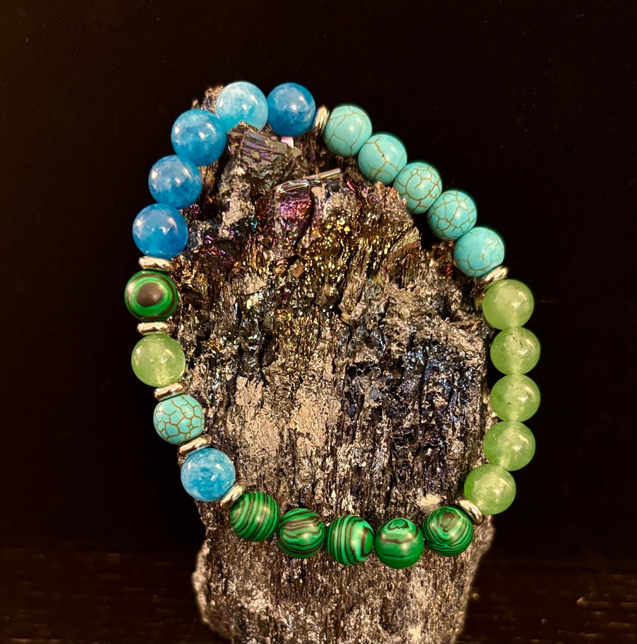 Anxiety Relief Healing Bracelet – Fits Large Wrists (Malachite, Green Aventurine, Turquoise, and Aquamarine)
