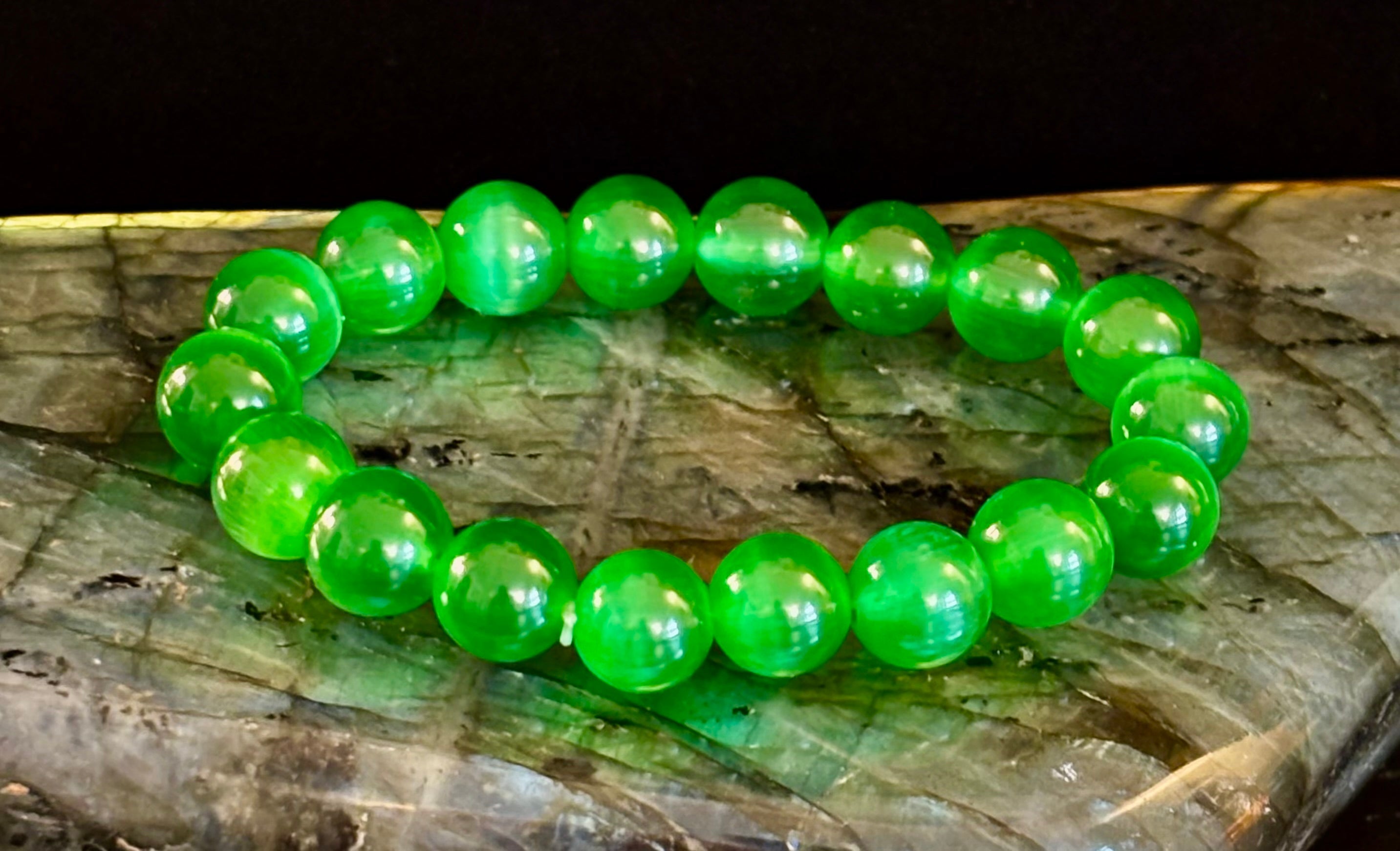 Green Cat Eye Stone Crystal Beaded Bracelet (8, 10, and 12 mm for Small and Medium Wrists)