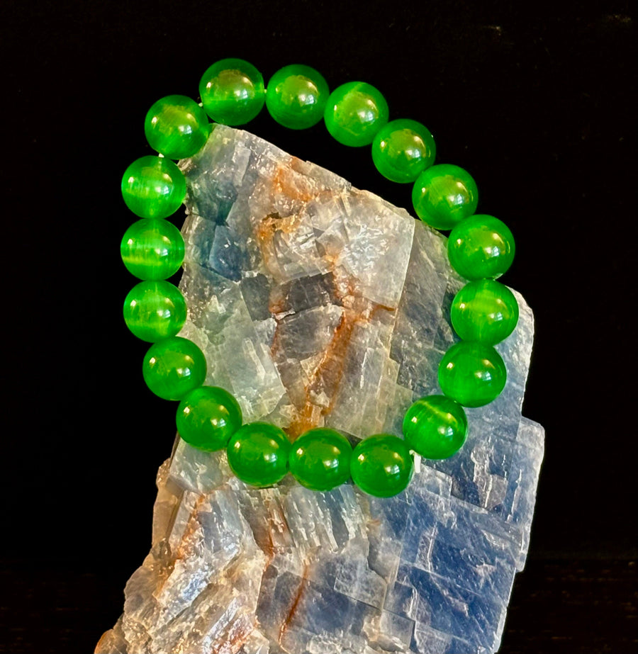 Green Cat Eye Stone Crystal Beaded Bracelet (8, 10, and 12 mm for Small and Medium Wrists)