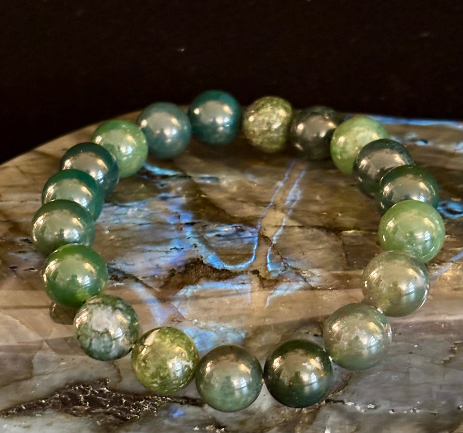 Natural Moss Agate Bracelet 8mm & 10mm – Reiki-Infused Growth, Abundance & Grounding Jewelry (Multiple Wrist Sizes)
