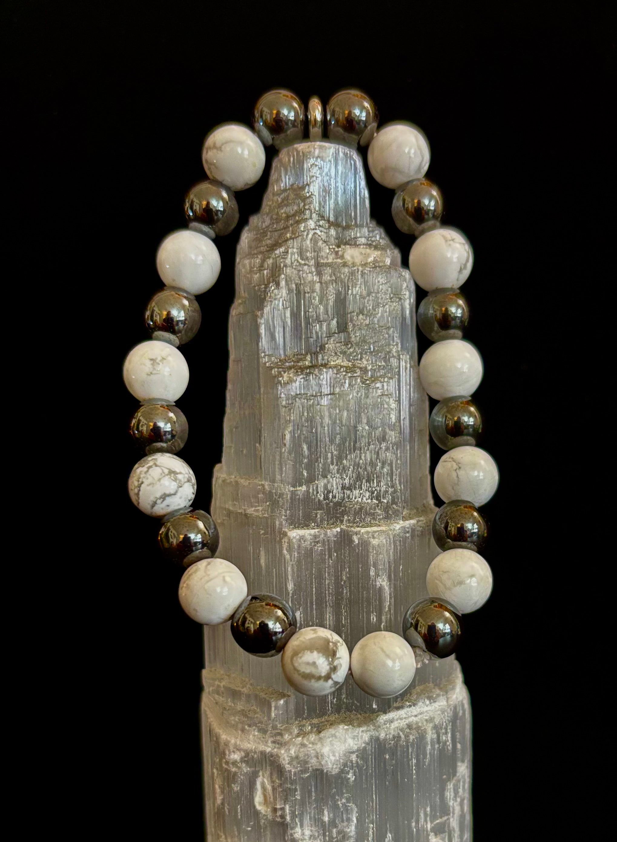 White Howlite & Hematite Reiki-Infused Calm & Grounding Bracelet (Medium Wrist)