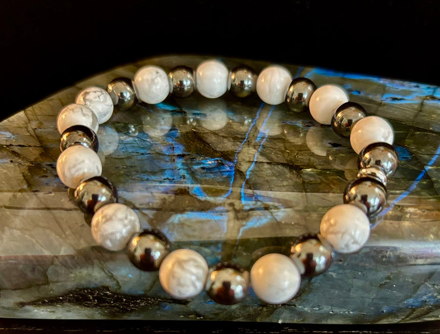 White Howlite & Hematite Reiki-Infused Calm & Grounding Bracelet (Medium Wrist)