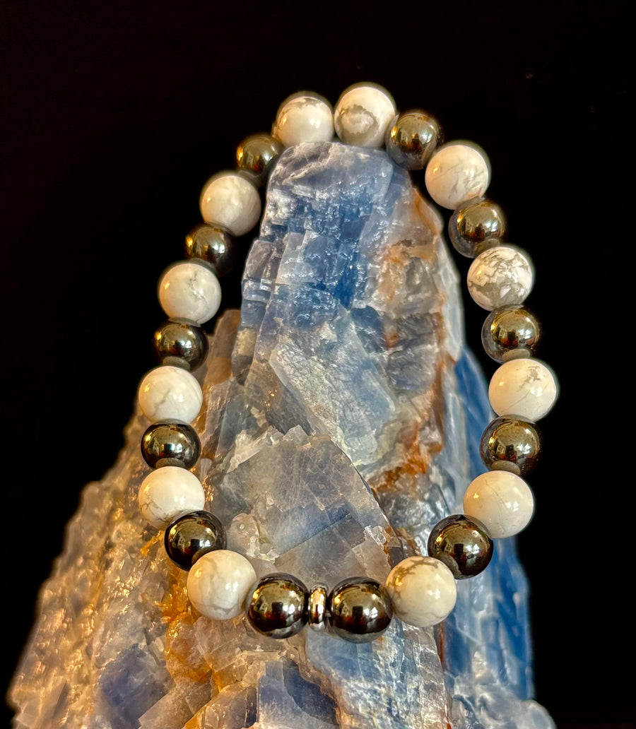 White Howlite & Hematite Reiki-Infused Calm & Grounding Bracelet (Medium Wrist)