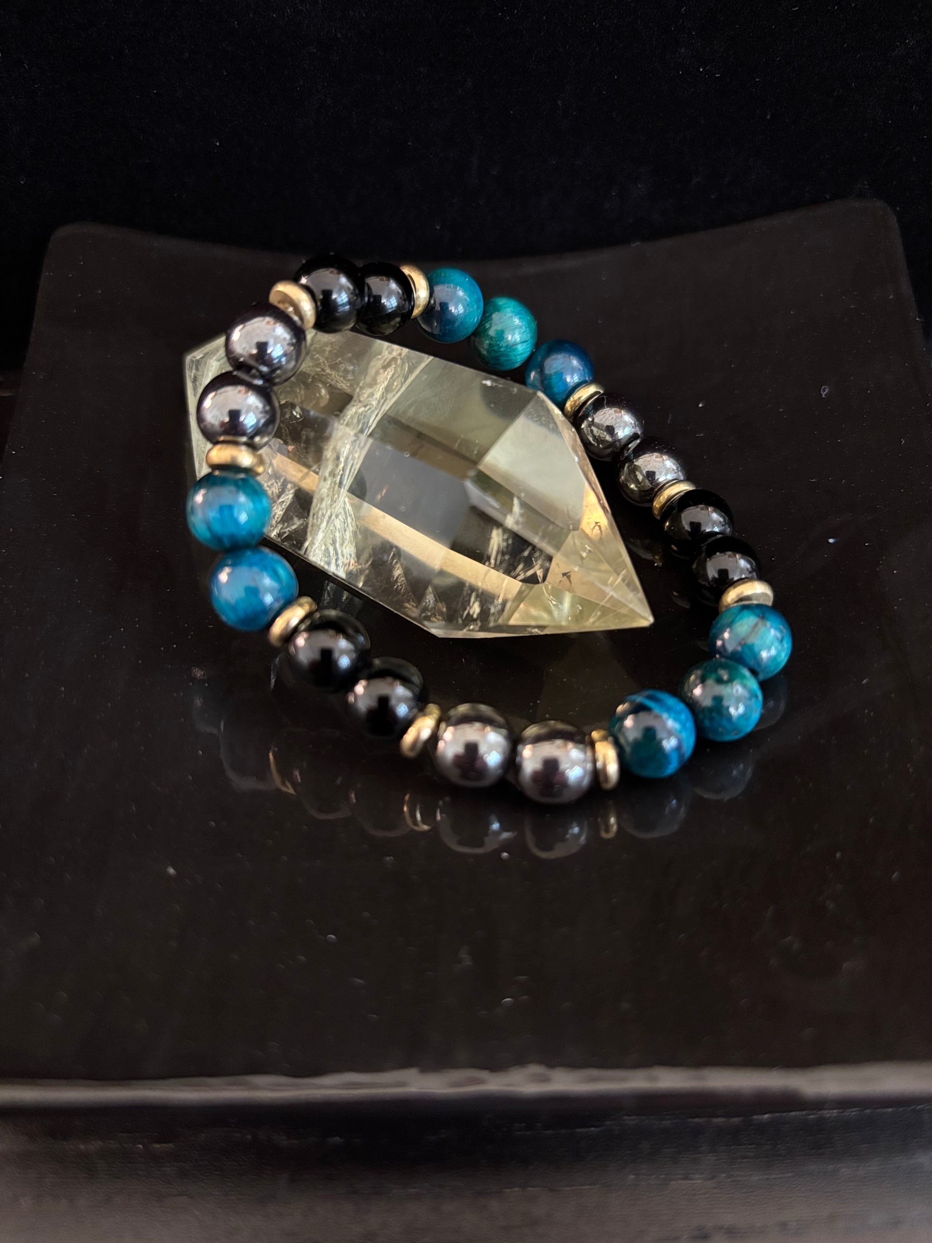 Blue Tiger Eye + Hematite + Onyx Bracelet – Anxiety Relief, Strength & Focus (8mm • Medium Wrist)