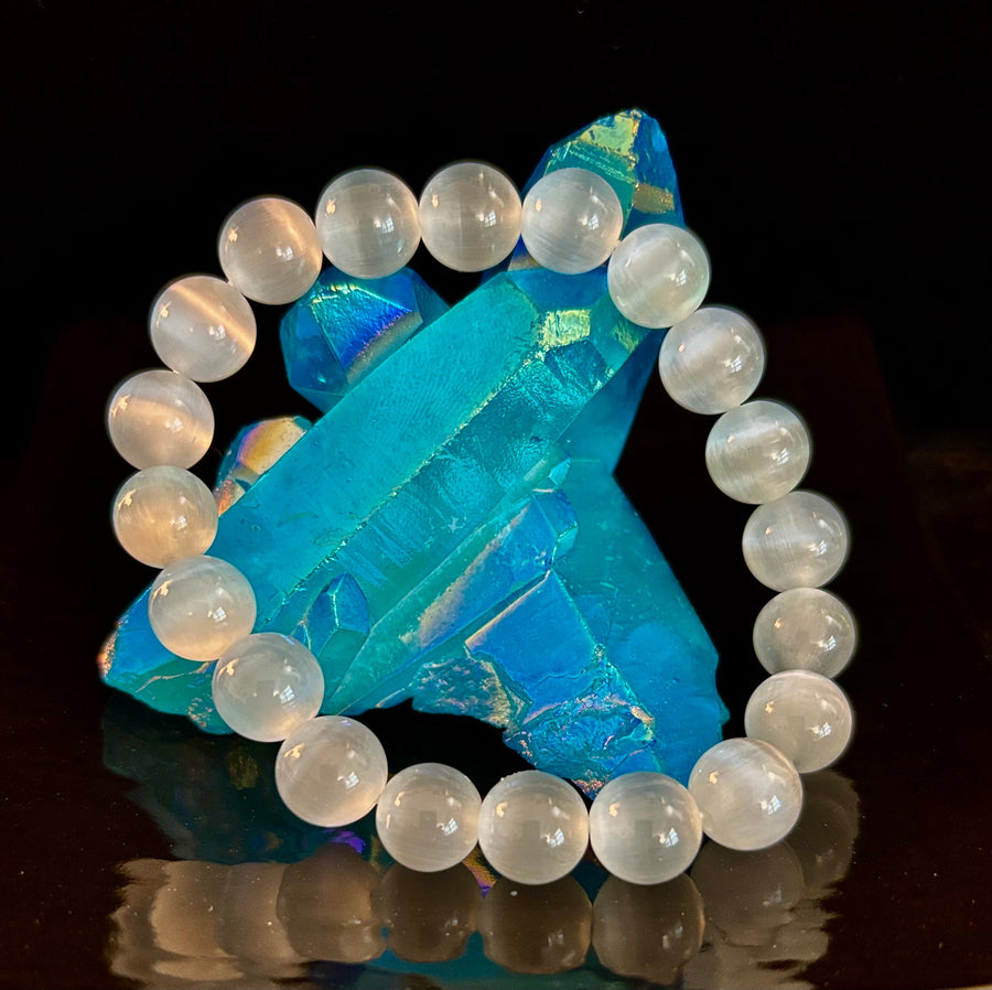 White Cat Eye Stone Bracelet – Reiki-Infused Clarity & Protection Jewelry (Medium–Large Wrist)