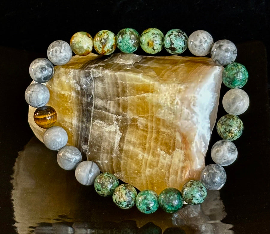 Tranquil Power Bracelet – African Turquoise, Tiger Eye & Map Stone (Large Wrists)