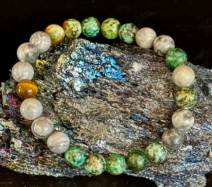 Tranquil Power Bracelet – African Turquoise, Tiger Eye & Map Stone (Large Wrists)