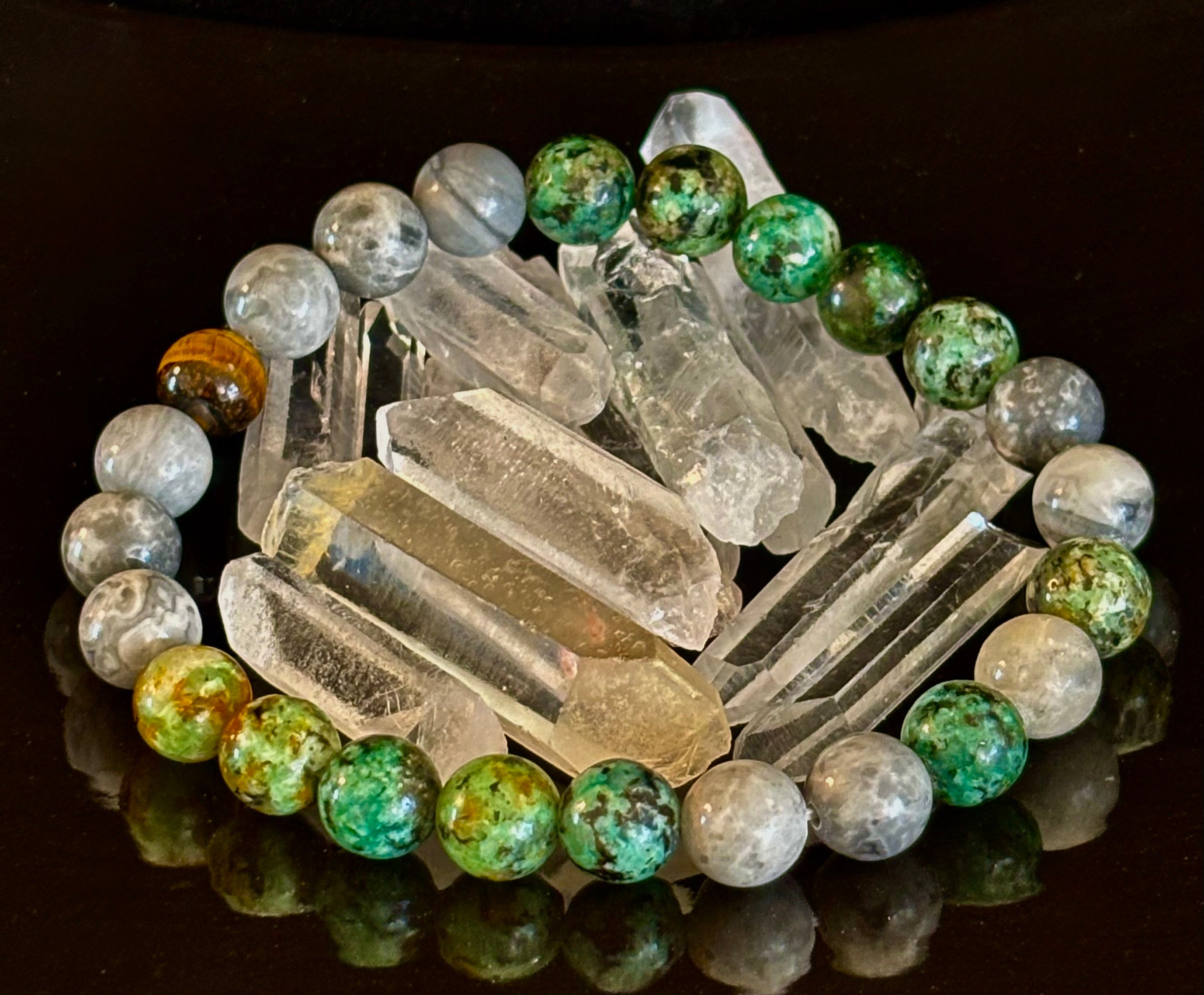 Tranquil Power Bracelet – African Turquoise, Tiger Eye & Map Stone (Large Wrists)