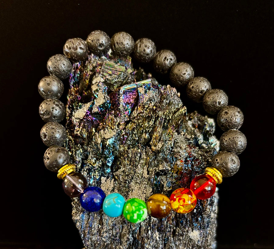 Chakra Beaded Bracelet – Volcanic Lava Rock & Natural Healing Stones