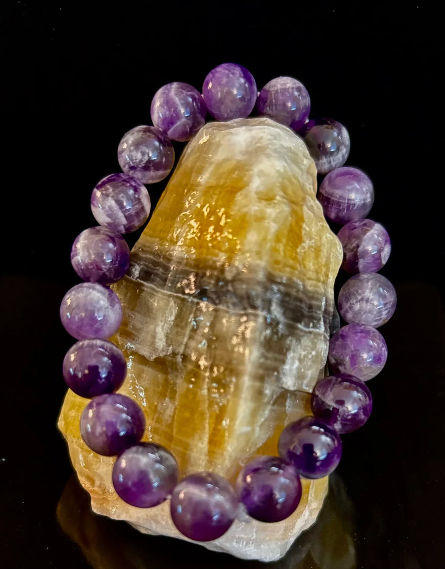 Reiki-Infused Genuine Chevron Amethyst Bracelet for Intuition, Spiritual Protection & Inner Peace (8mm & 10mm)