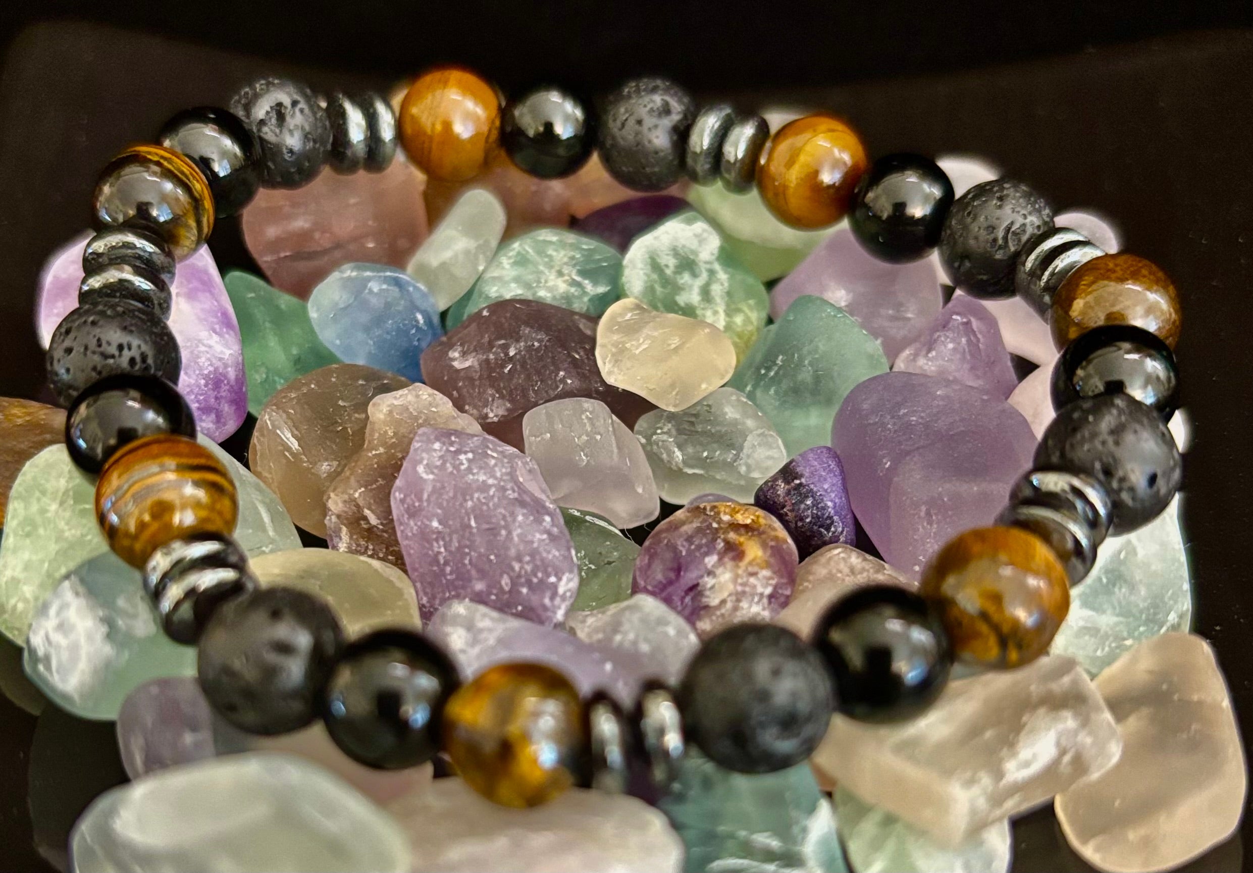 Men's Energy Bracelet – Tiger Eye, Black Onyx & Lava Rock with Black Metal Spacers (Fits Large Wrists)