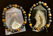 Men's Energy Bracelet – Tiger Eye, Black Onyx & Lava Rock with Black Metal Spacers (Fits Large Wrists)