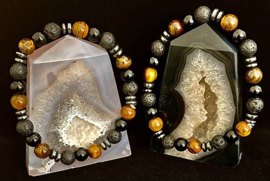 Men's Energy Bracelet – Tiger Eye, Black Onyx & Lava Rock with Black Metal Spacers (Fits Large Wrists)