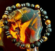 Men's Energy Bracelet – Tiger Eye, Black Onyx & Lava Rock with Black Metal Spacers (Fits Large Wrists)