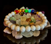 Chakra Energy Healing Bracelet – White Crystal Beads – Medium Wrists
