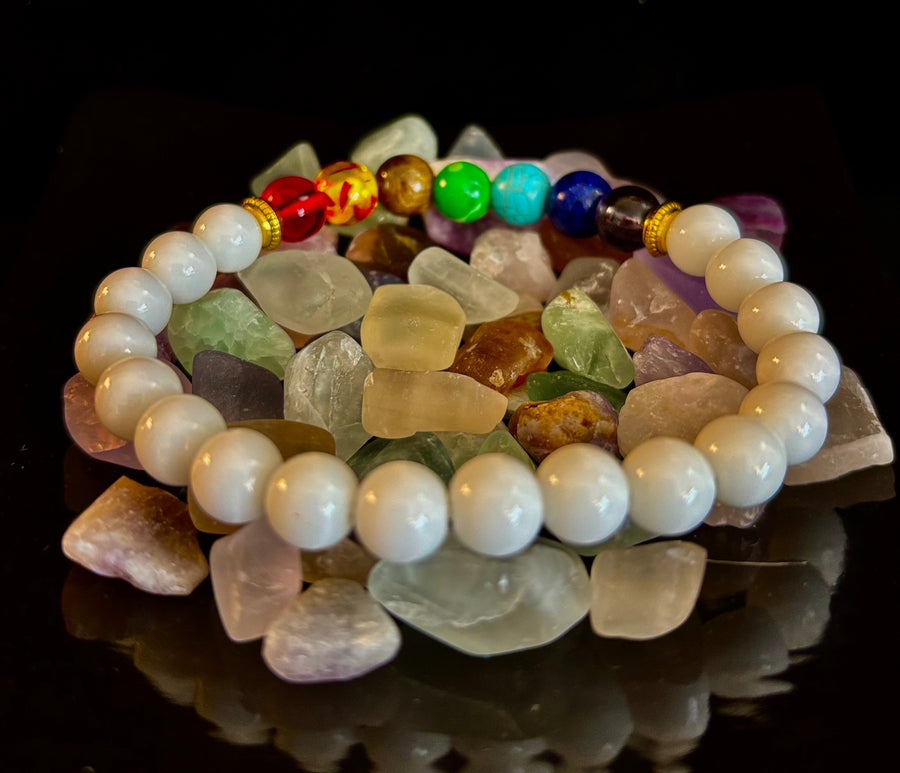 Chakra Energy Healing Bracelet – White Crystal Beads – Medium Wrists
