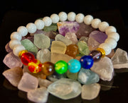 Chakra Energy Healing Bracelet – White Crystal Beads – Medium Wrists