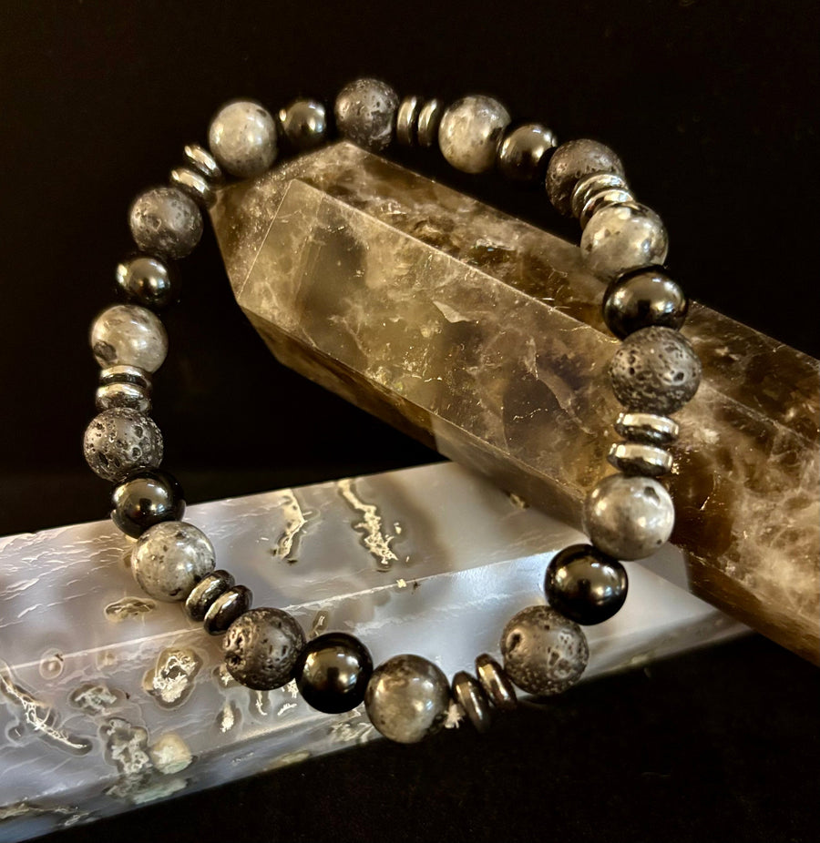 Men's Mystic Warrior Bracelet – Labradorite, Black Onyx & Lava Rock with Black Metal Spacers (Fits Large Wrists)