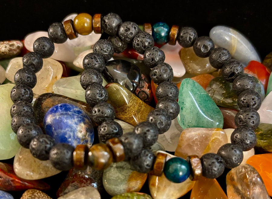 Men’s Lava Rock & Black Stone Bracelet – Natural Blue, Gray or Brown Accent Stones | Medium–Large Wrist