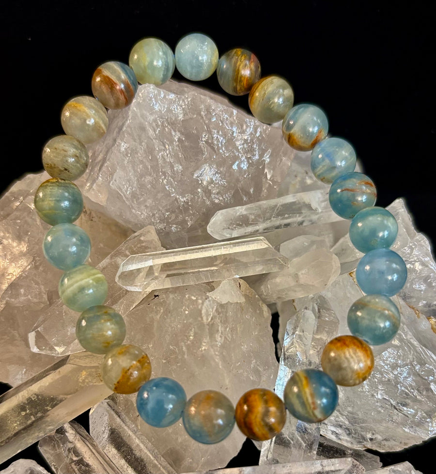 Aquatine Lemurian Calcite Bracelet – 8mm and 10mm Beads (Medium Wrists)
