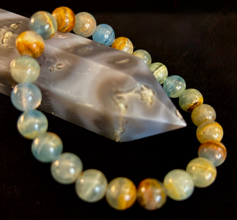Aquatine Lemurian Calcite Bracelet – 8mm and 10mm Beads (Medium Wrists)