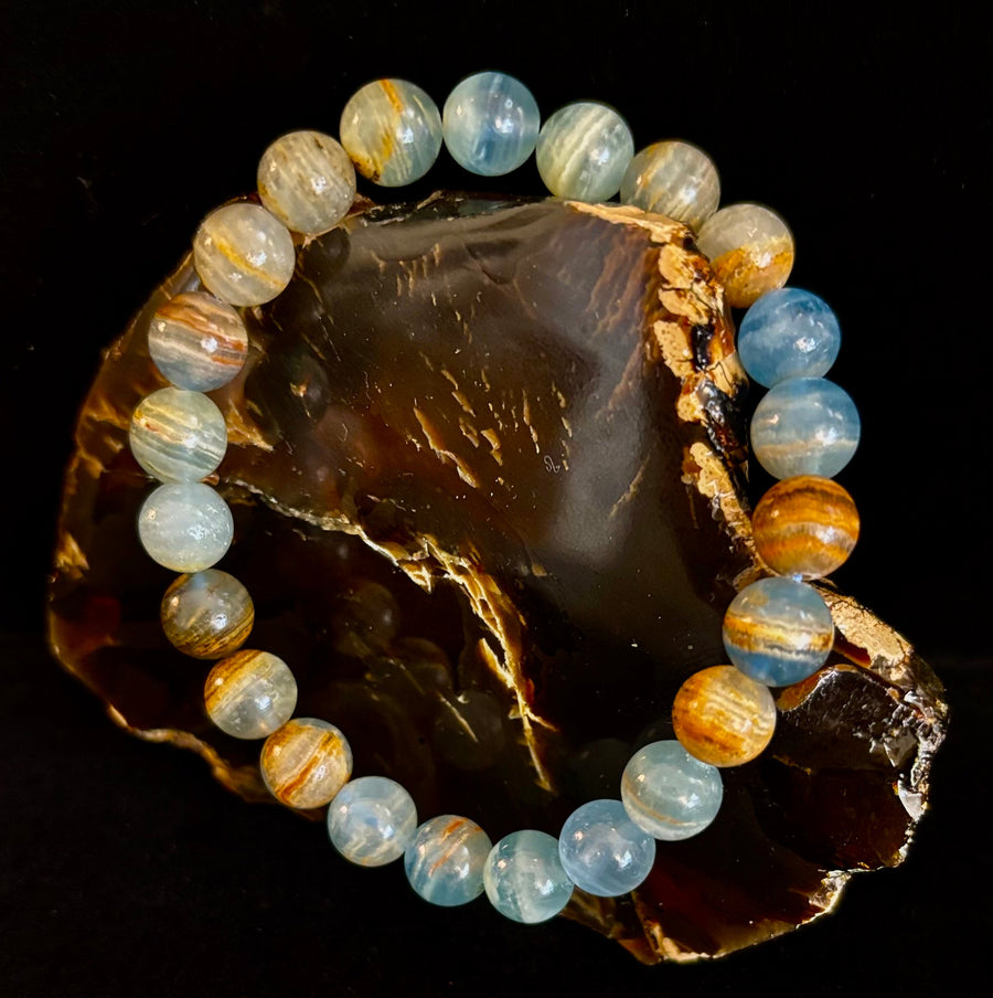Aquatine Lemurian Calcite Bracelet – 8mm and 10mm Beads (Medium Wrists)