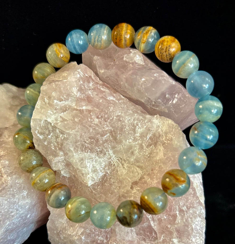 Aquatine Lemurian Calcite Bracelet – 8mm and 10mm Beads (Medium Wrists)
