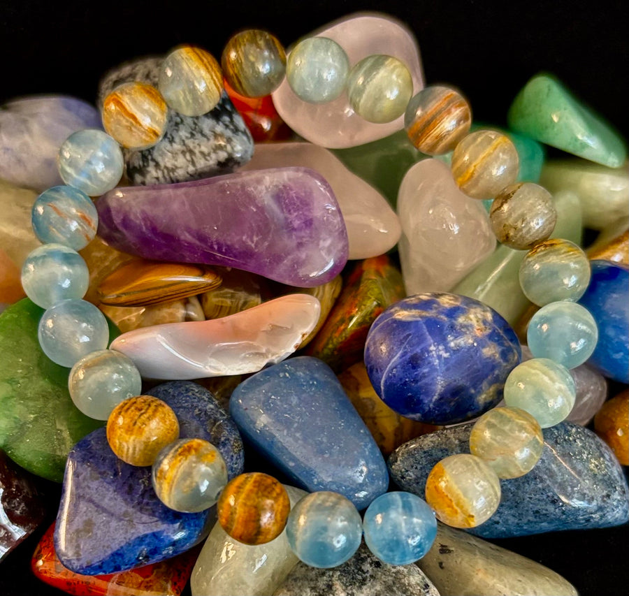 Aquatine Lemurian Calcite Bracelet – 8mm and 10mm Beads (Medium Wrists)