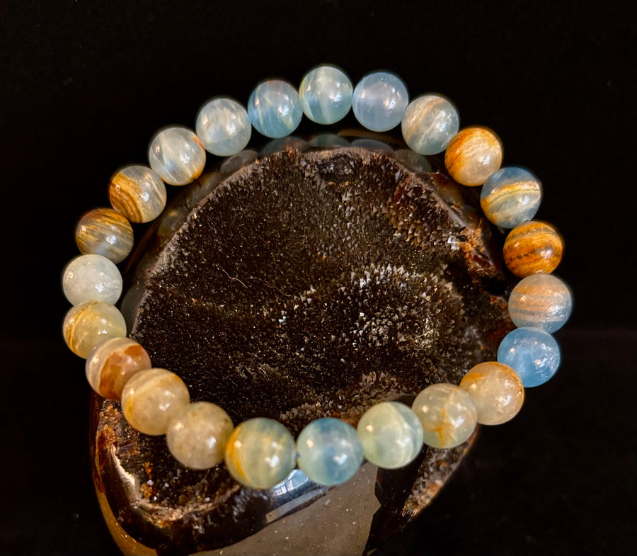 Aquatine Lemurian Calcite Bracelet – 8mm and 10mm Beads (Medium Wrists)