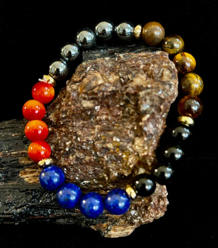 The Element of Power Multi-Gemstone Protection & Vitality Bracelet with Hematite, Tiger Eye, Lapis & Red Jasper