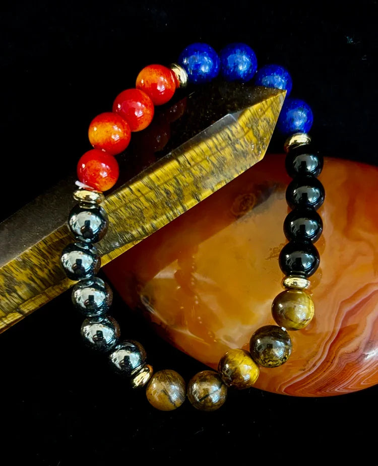 The Element of Power Multi-Gemstone Protection & Vitality Bracelet with Hematite, Tiger Eye, Lapis & Red Jasper