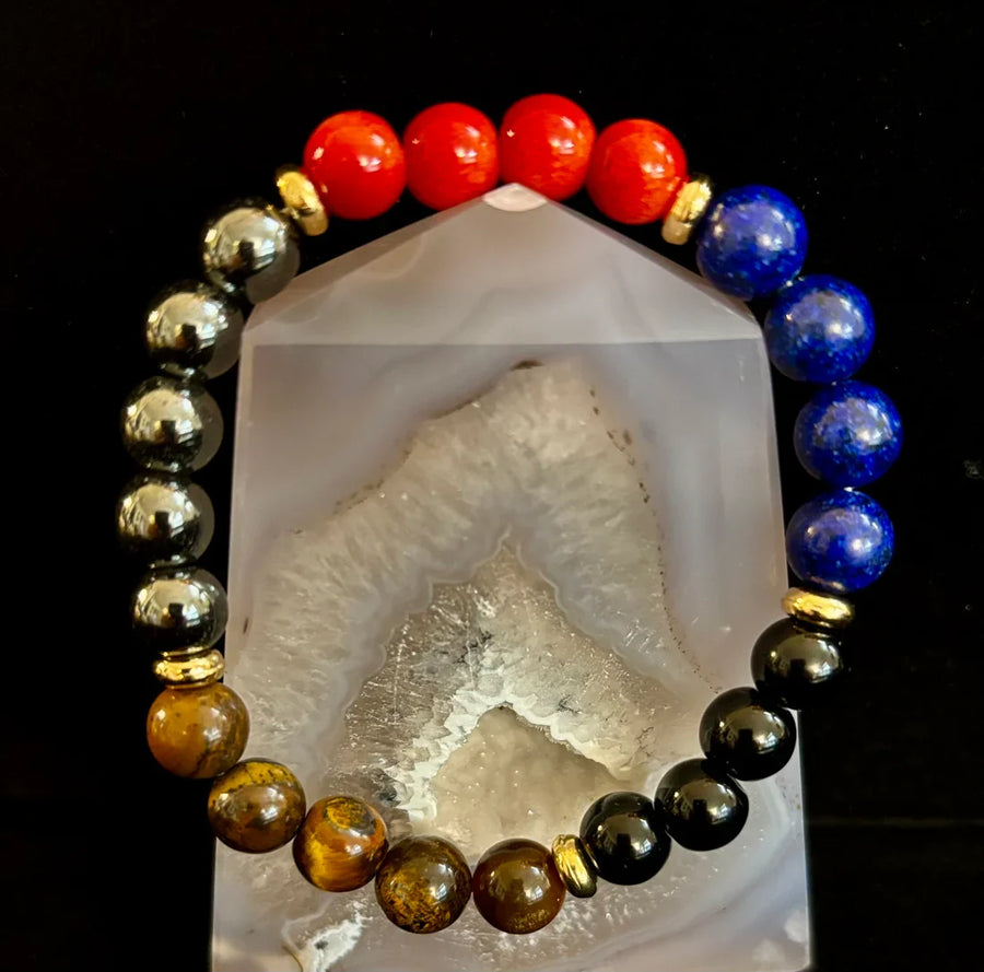 The Element of Power Multi-Gemstone Protection & Vitality Bracelet with Hematite, Tiger Eye, Lapis & Red Jasper
