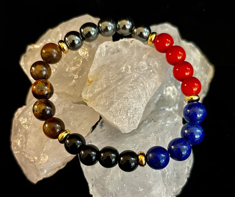 The Element of Power Multi-Gemstone Protection & Vitality Bracelet with Hematite, Tiger Eye, Lapis & Red Jasper