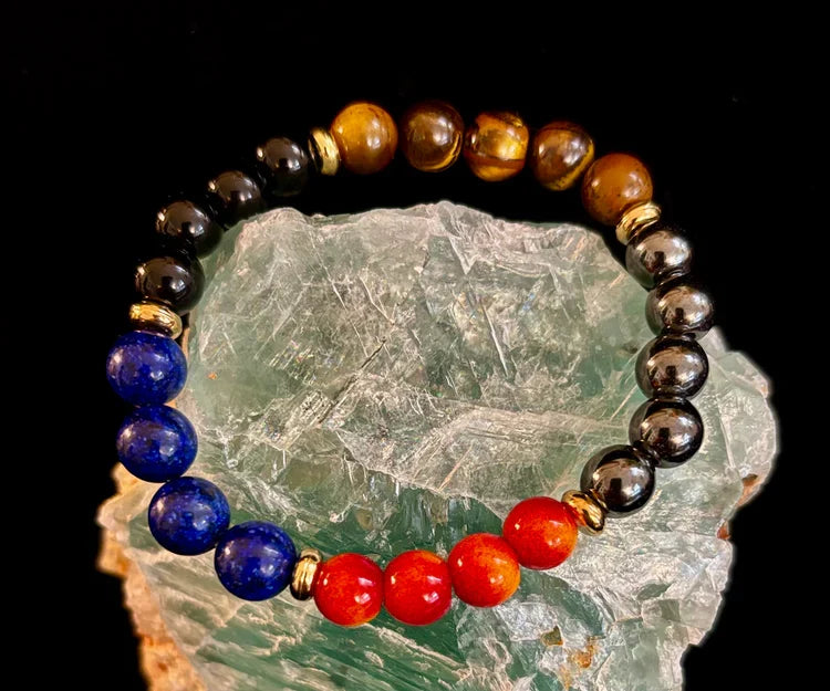 The Element of Power Multi-Gemstone Protection & Vitality Bracelet with Hematite, Tiger Eye, Lapis & Red Jasper