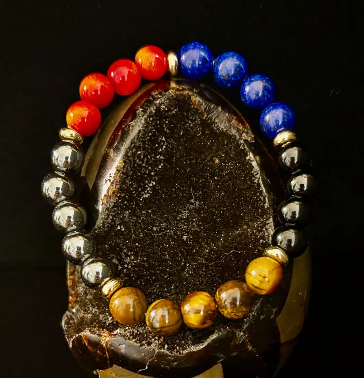 The Element of Power Multi-Gemstone Protection & Vitality Bracelet with Hematite, Tiger Eye, Lapis & Red Jasper