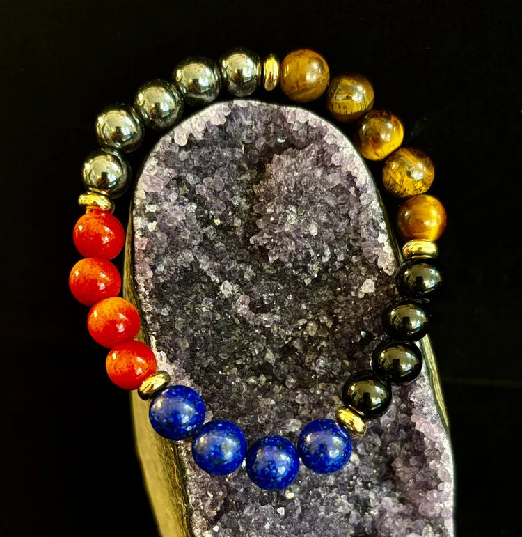 The Element of Power Multi-Gemstone Protection & Vitality Bracelet with Hematite, Tiger Eye, Lapis & Red Jasper
