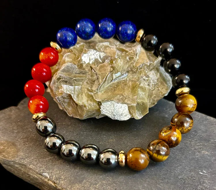 The Element of Power Multi-Gemstone Protection & Vitality Bracelet with Hematite, Tiger Eye, Lapis & Red Jasper