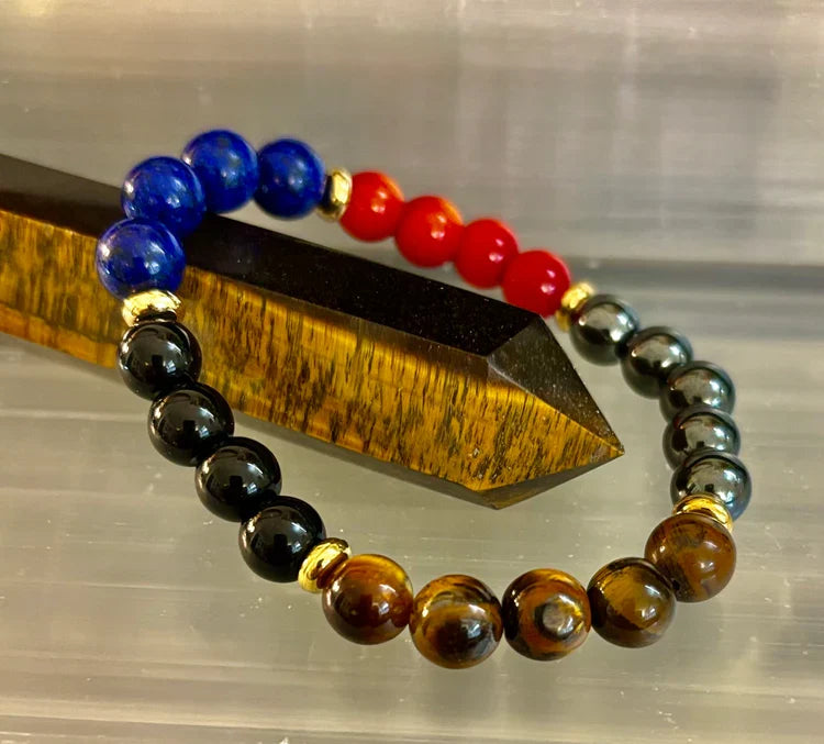 The Element of Power Multi-Gemstone Protection & Vitality Bracelet with Hematite, Tiger Eye, Lapis & Red Jasper