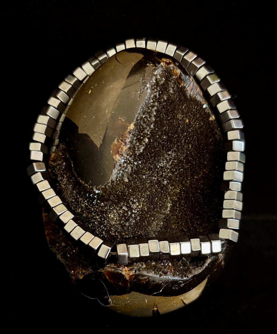 Retro Geometric Hematite Beaded Bracelet – Built for Large to Extra Large Wrists