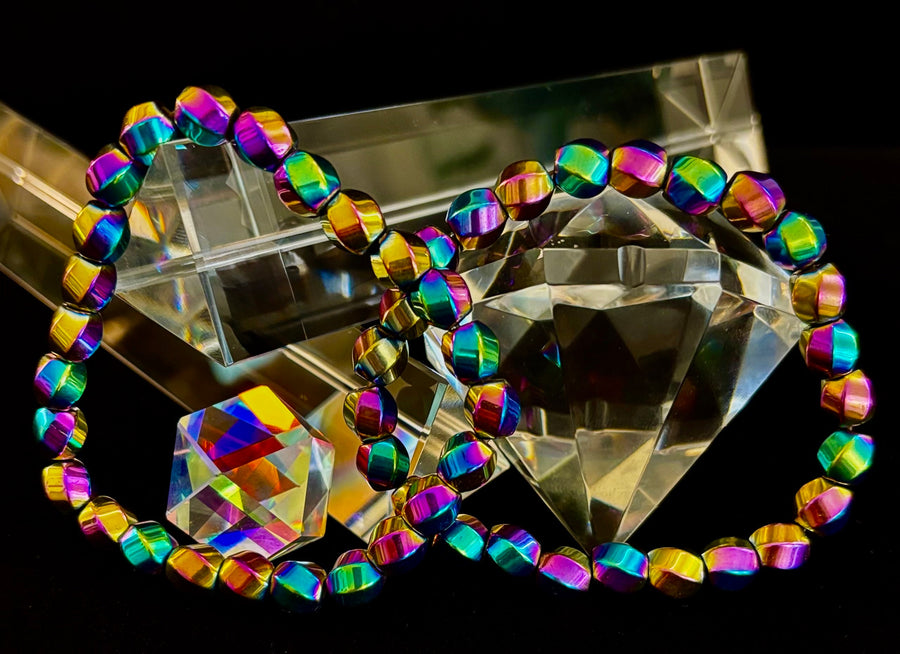 Rainbow Hematite Geometric Beaded Bracelet – LGBTQ+ Pride & Power for Medium and Large Wrists
