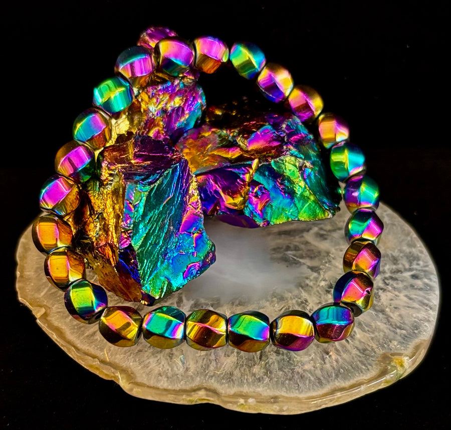 Rainbow Hematite Geometric Beaded Bracelet – LGBTQ+ Pride & Power for Medium and Large Wrists
