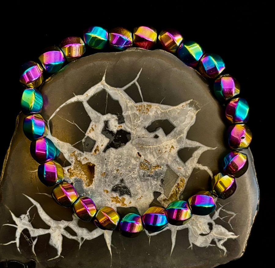 Rainbow Hematite Geometric Beaded Bracelet – LGBTQ+ Pride & Power for Medium and Large Wrists