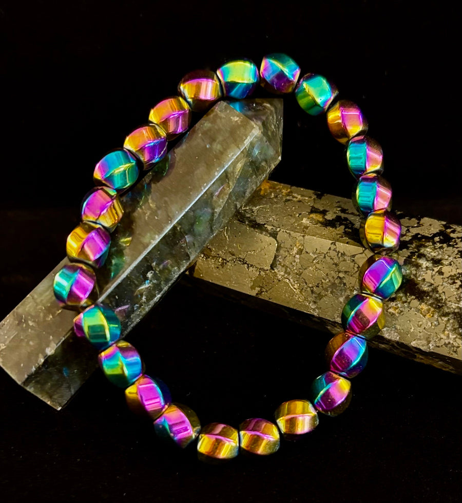 Rainbow Hematite Geometric Beaded Bracelet – LGBTQ+ Pride & Power for Medium and Large Wrists