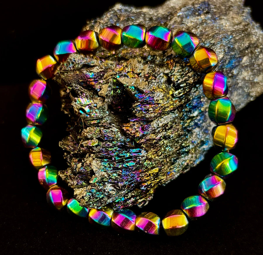 Rainbow Hematite Geometric Beaded Bracelet – LGBTQ+ Pride & Power for Medium and Large Wrists