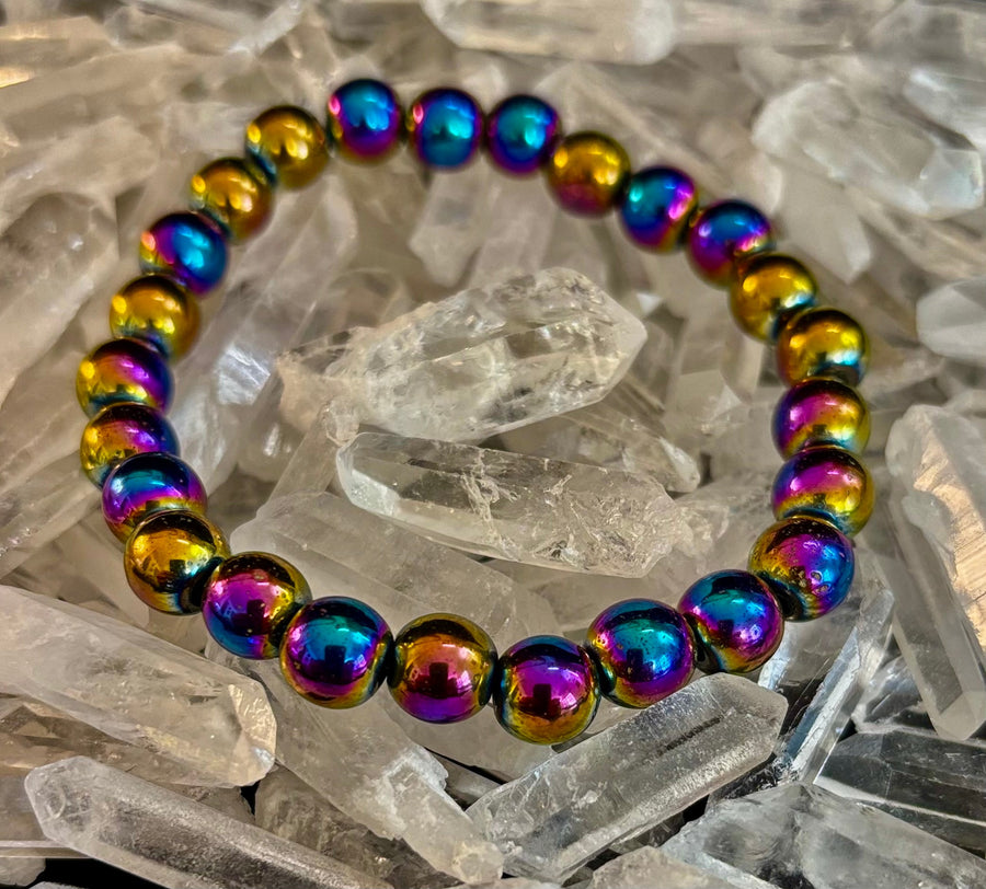 Rainbow Hematite Round Beaded Bracelet – LGBTQ Pride & Strength for Medium or Large Wrists