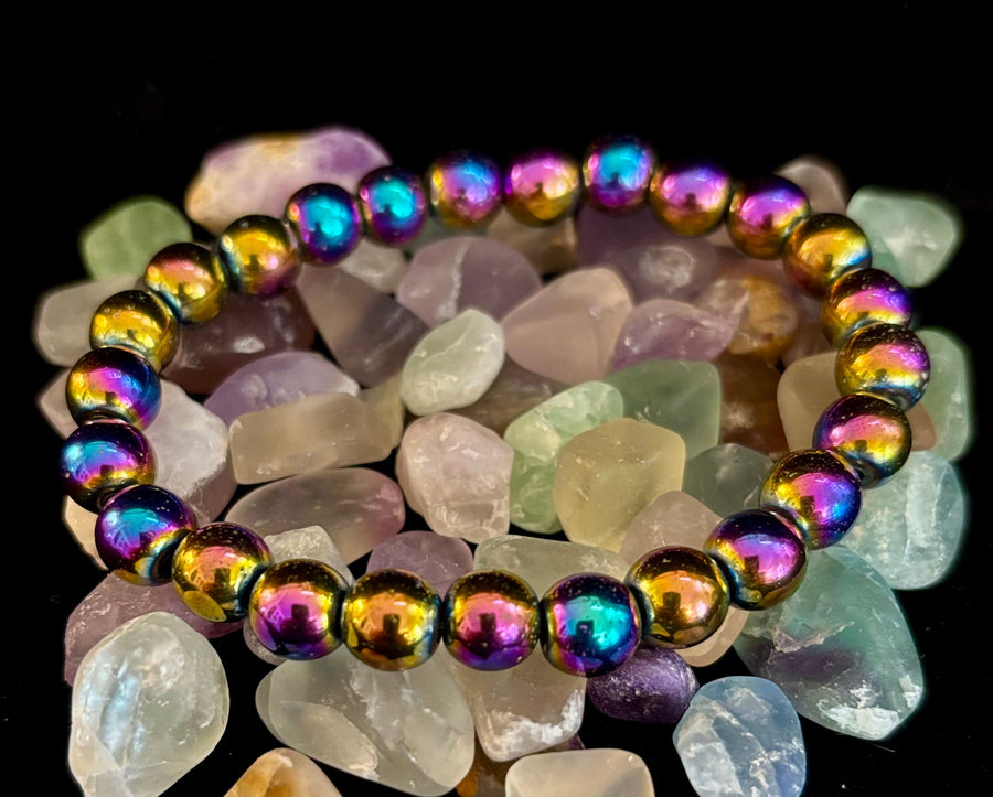 Rainbow Hematite Round Beaded Bracelet – LGBTQ Pride & Strength for Medium or Large Wrists