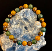 Moss Agate, Yellow Tiger Eye & Wood Jasper Bracelet – 8mm Beads for Large Wrists